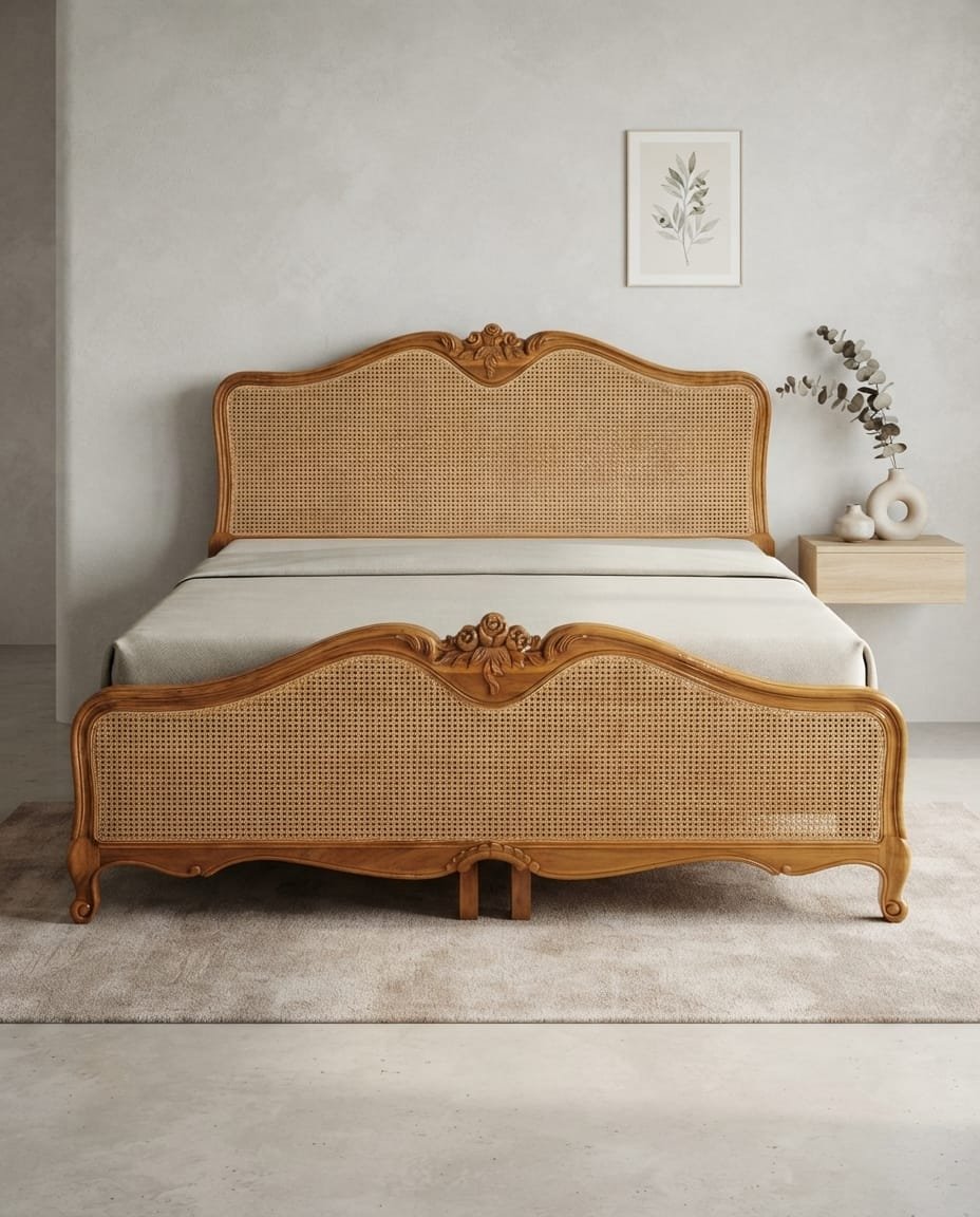 French Cane Teak Bed