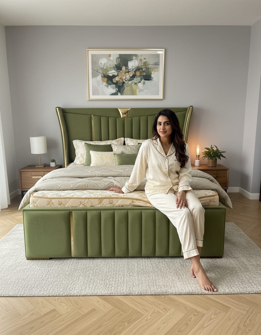 Olive Channel Wingback Bed