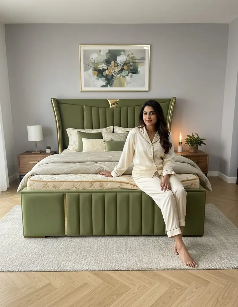 Olive Channel Wingback Bed