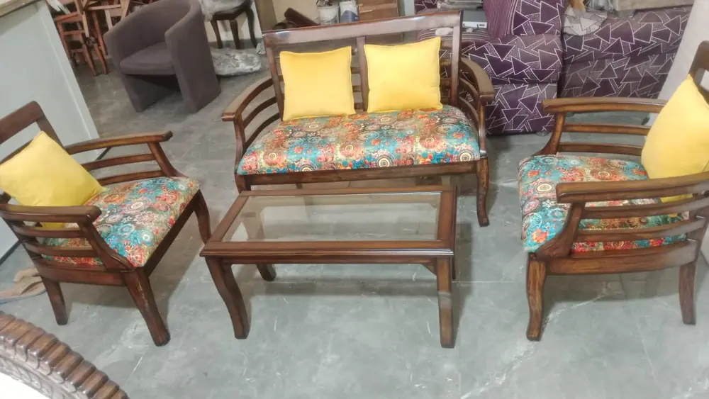 Floral Teak Chair Set with Glass Table
