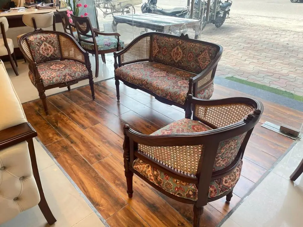 Cane & Kalamkari Carved Sofa Set