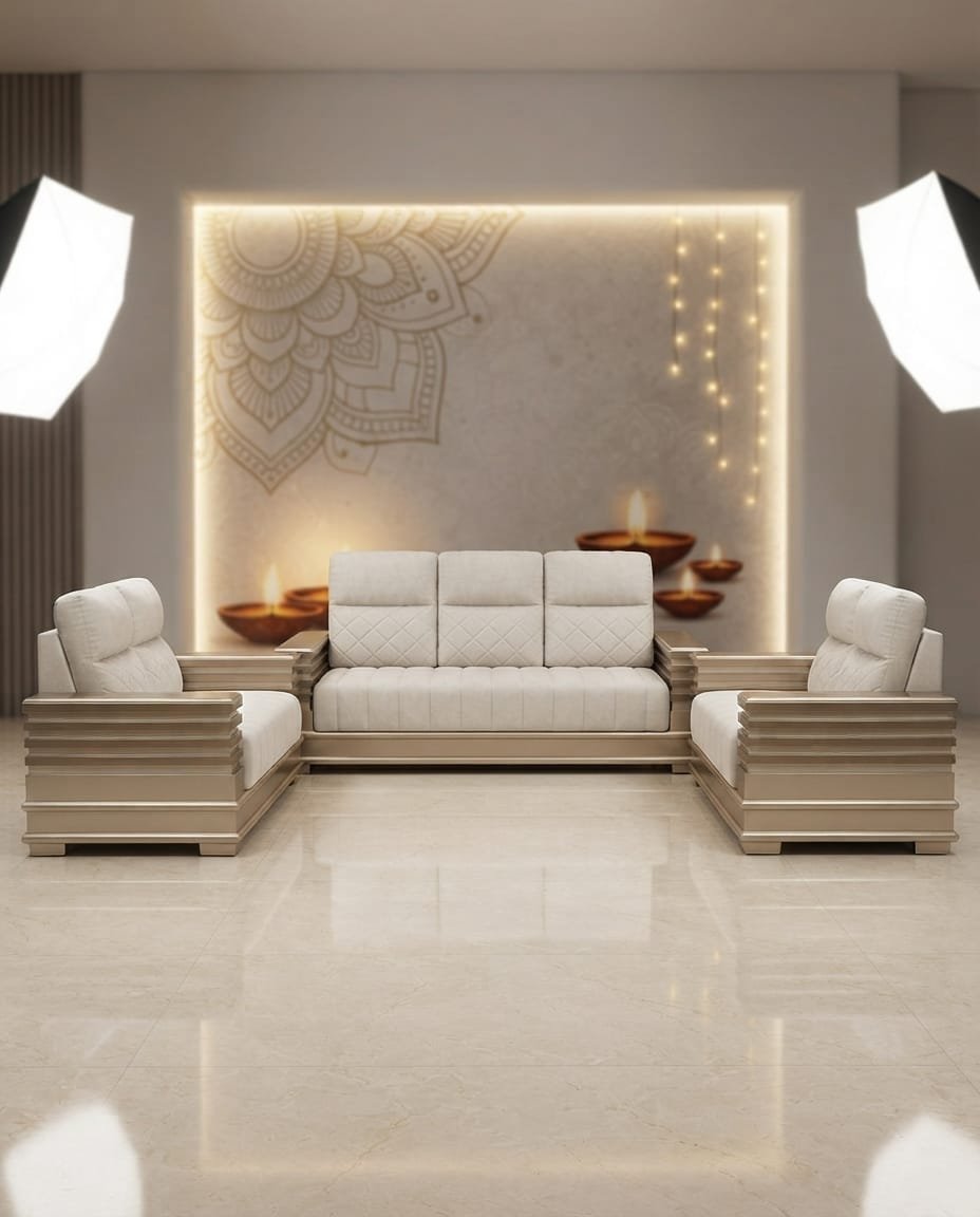Champagne Wood Arm Sofa Set