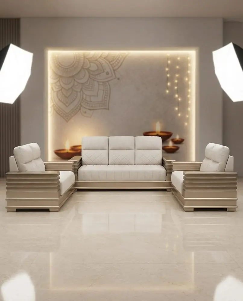 Champagne Wood Arm Sofa Set