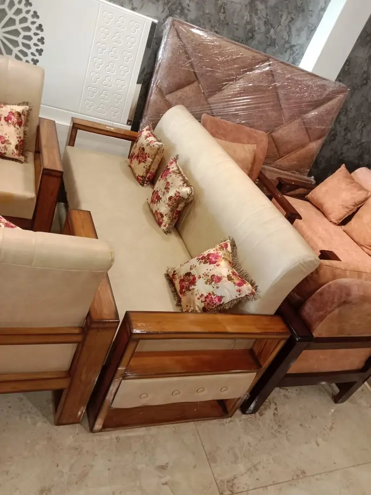 Cream Teak Sofa with Bolsters