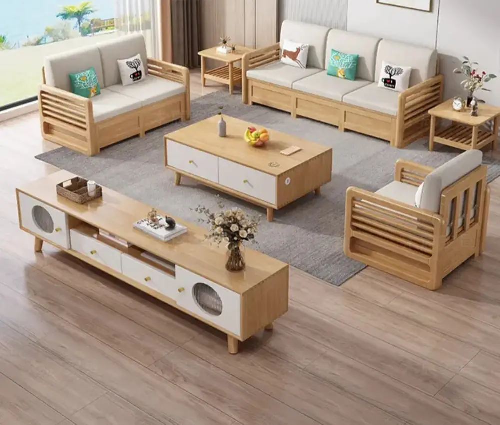 Light Oak Sofa Set with TV Console