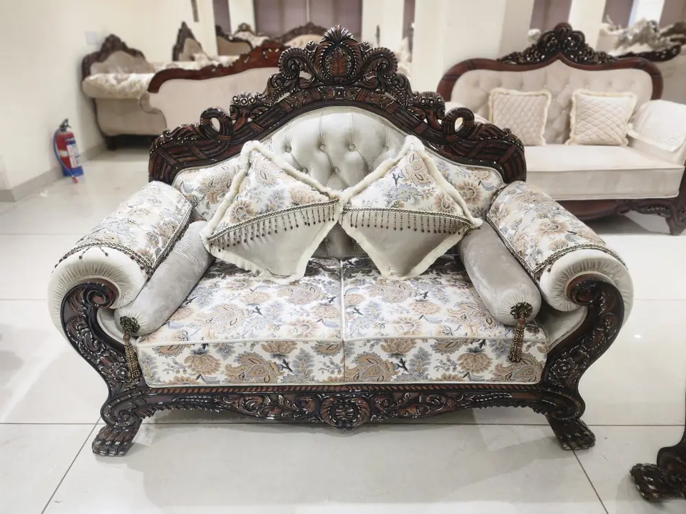 Maharaja Scroll Arm Damask Sofa
