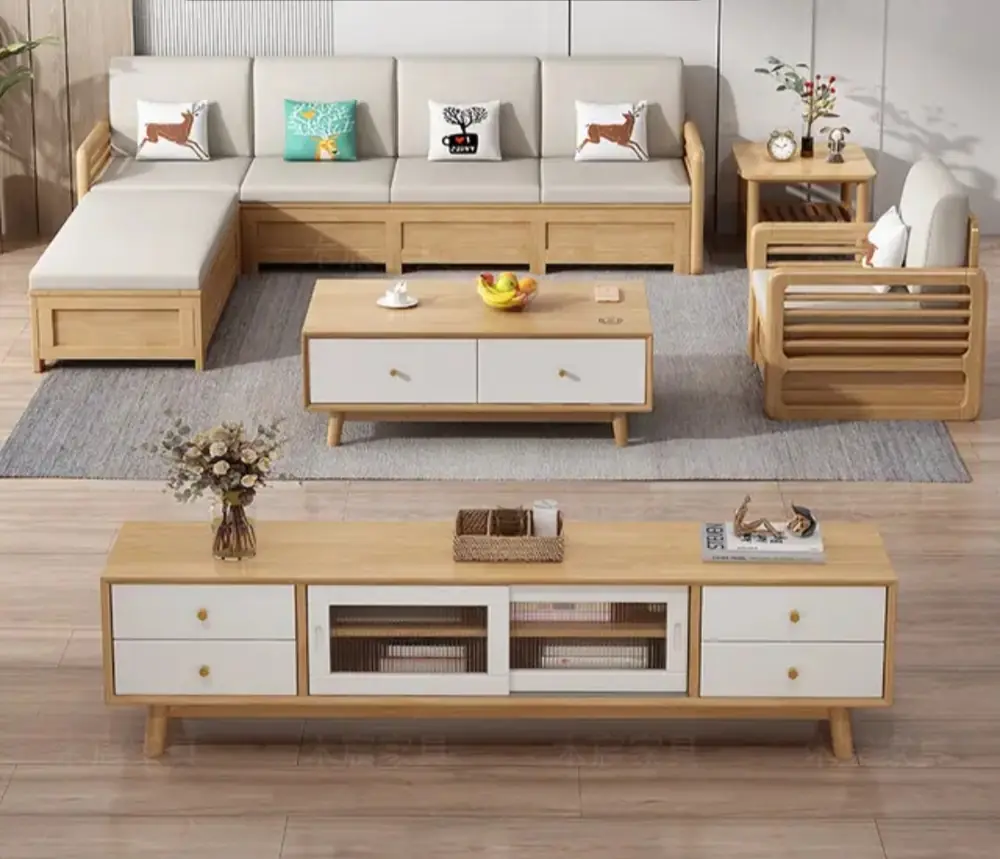 Oak Chaise Sofa & TV Unit Set