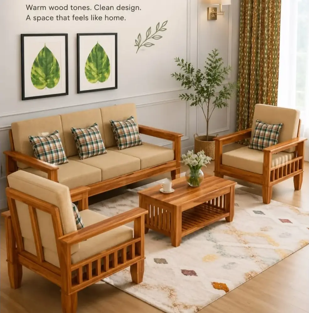 Plaid Cushion Teak Sofa Set