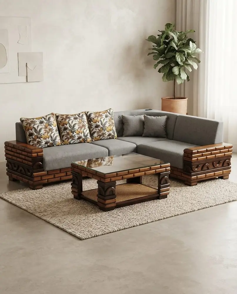 Rustic Teak Frame Corner Sofa