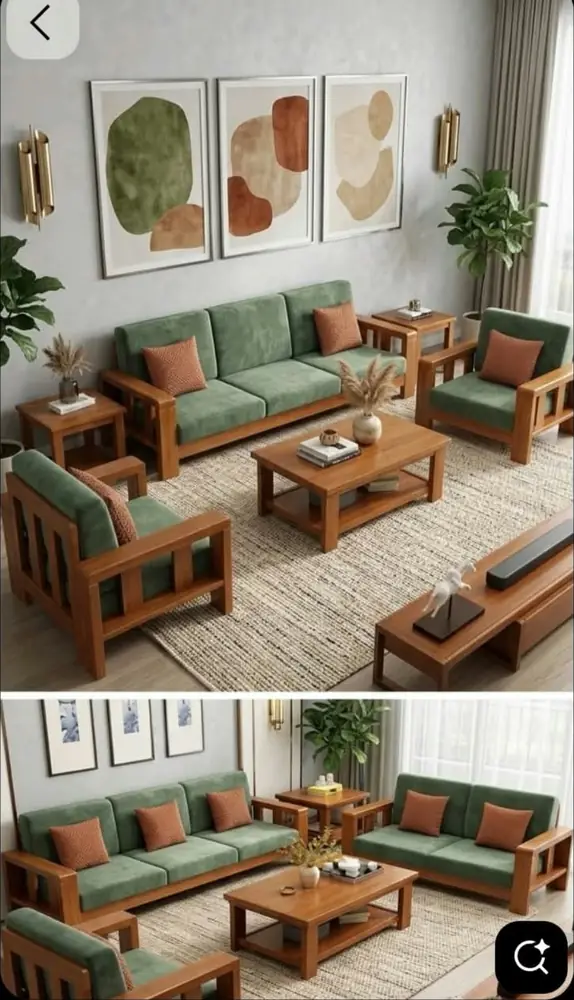 Sage Teak Sofa Set with Side Tables