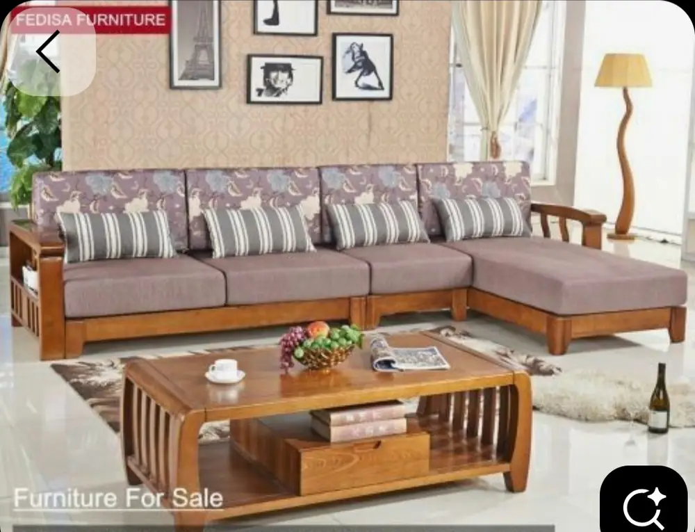 Striped Cushion Teak L-Shape Sofa