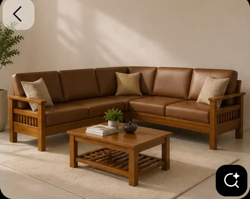 Tan Leatherette Teak Corner Sofa