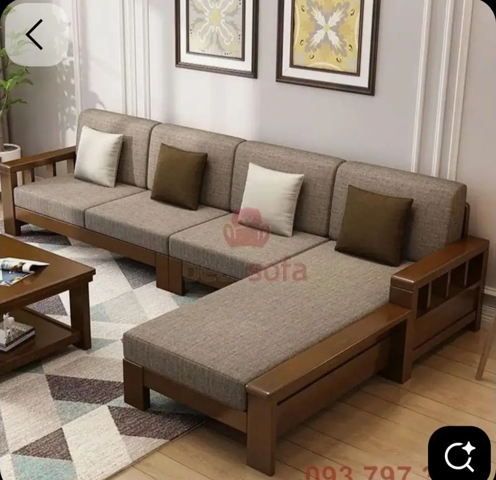 Taupe L-Shape Wooden Sofa