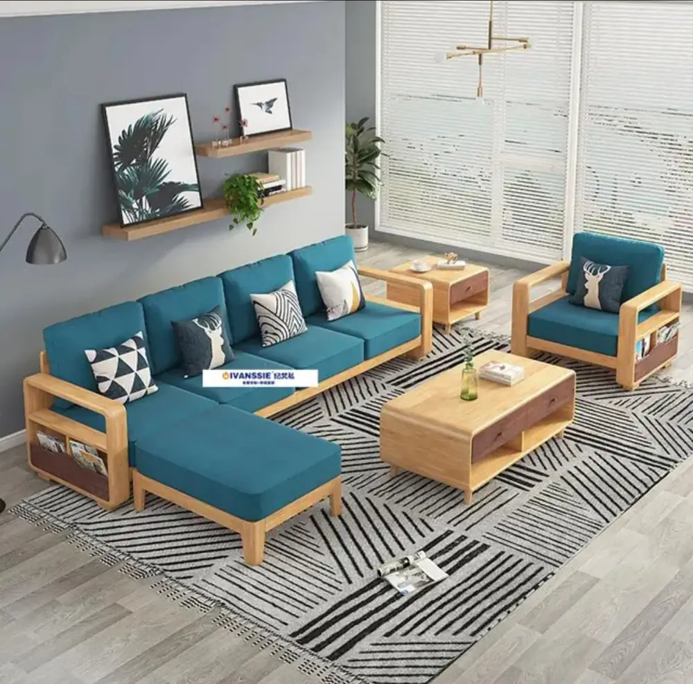 Teal Chaise Oak Sofa Set